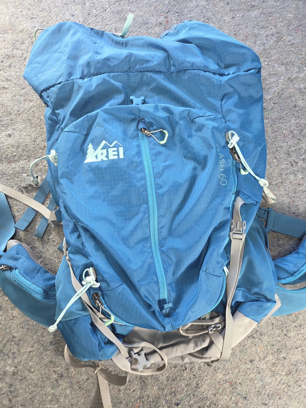 REI Flash 60 Backpacking Pack Blue Gray 60L Hiking Camping Internal Frame